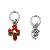 Red and white toadstool and antique silver acorn stitch markers for knitting sold by Pretty Warm Designs Inc.