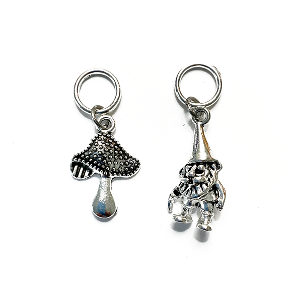 Antiqued silver toadstool and woodland gnome stitch markers for knitting sold by Pretty Warm Designs Inc.