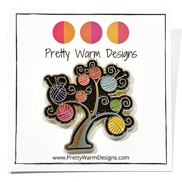 Multicoloured enamel on gold metal yarn tree pin for knitting project bags by Pretty Warm Designs
