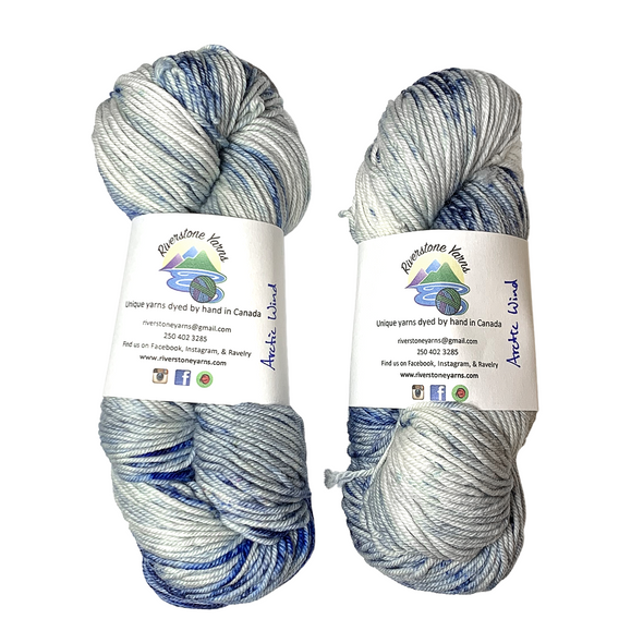 2 skeins of 100% Eco-wash Merino Wool worsted yarn in Arctic Wind colourway custom hand dyed by Riverstone Yarns 