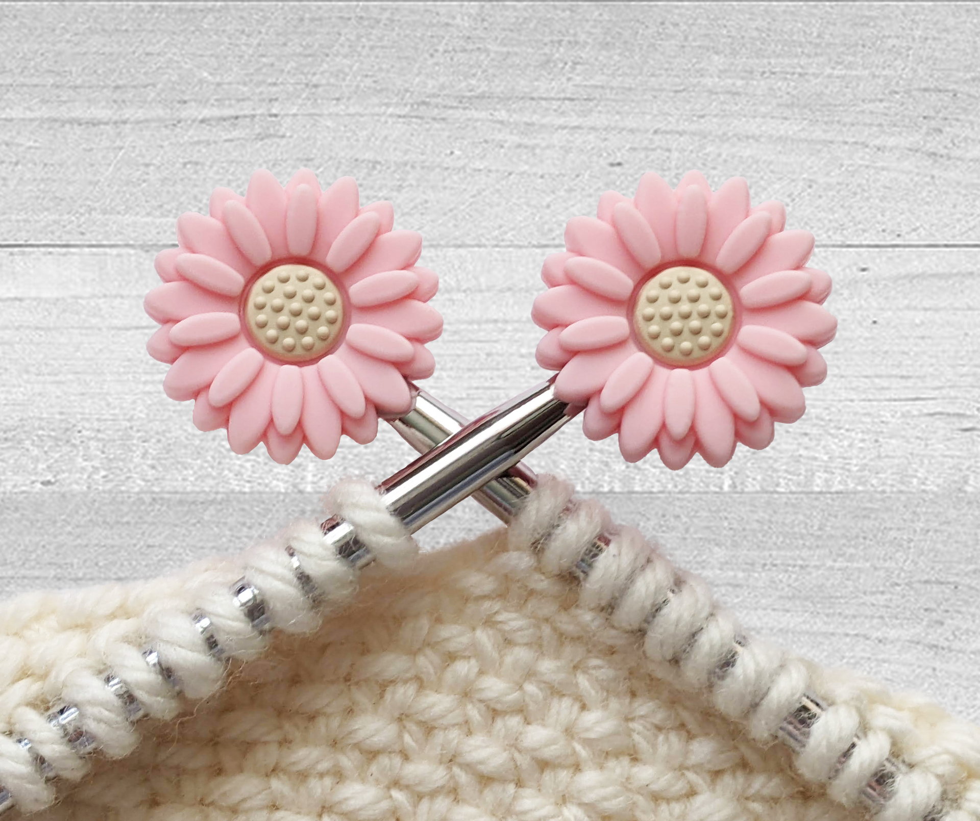 Set of two candy pink flower stitch stoppers for knitting